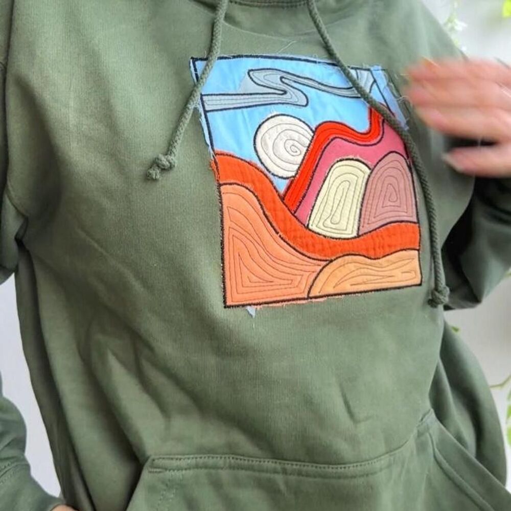 NWT Olive Green Patchwork Nature Landscape Embroidered Hoodie
